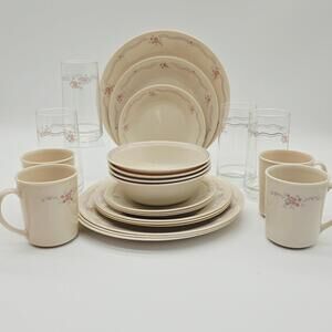 Corelle English Breakfast 24-Pc Made In USA 1990's 4 Place Setting W/Glasses